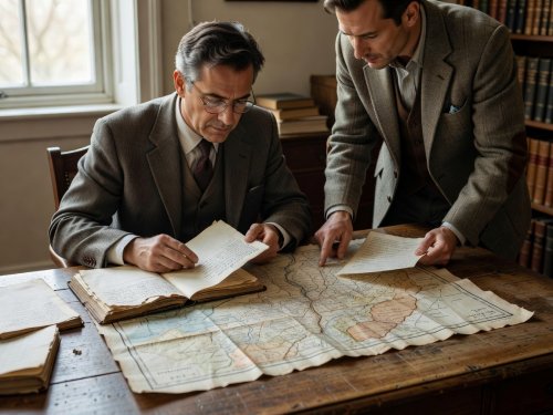 Editor examining open archival field notebooks and historical maps on a wooden desk in natural light