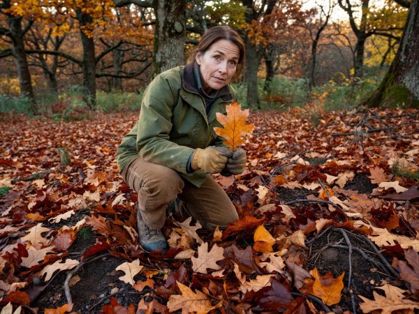 Biologist kneeling in autumn oak leaf litter examining woodland habitat in natural light