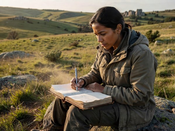 Person writing field observations with a metal pen in a paper notebook outdoors