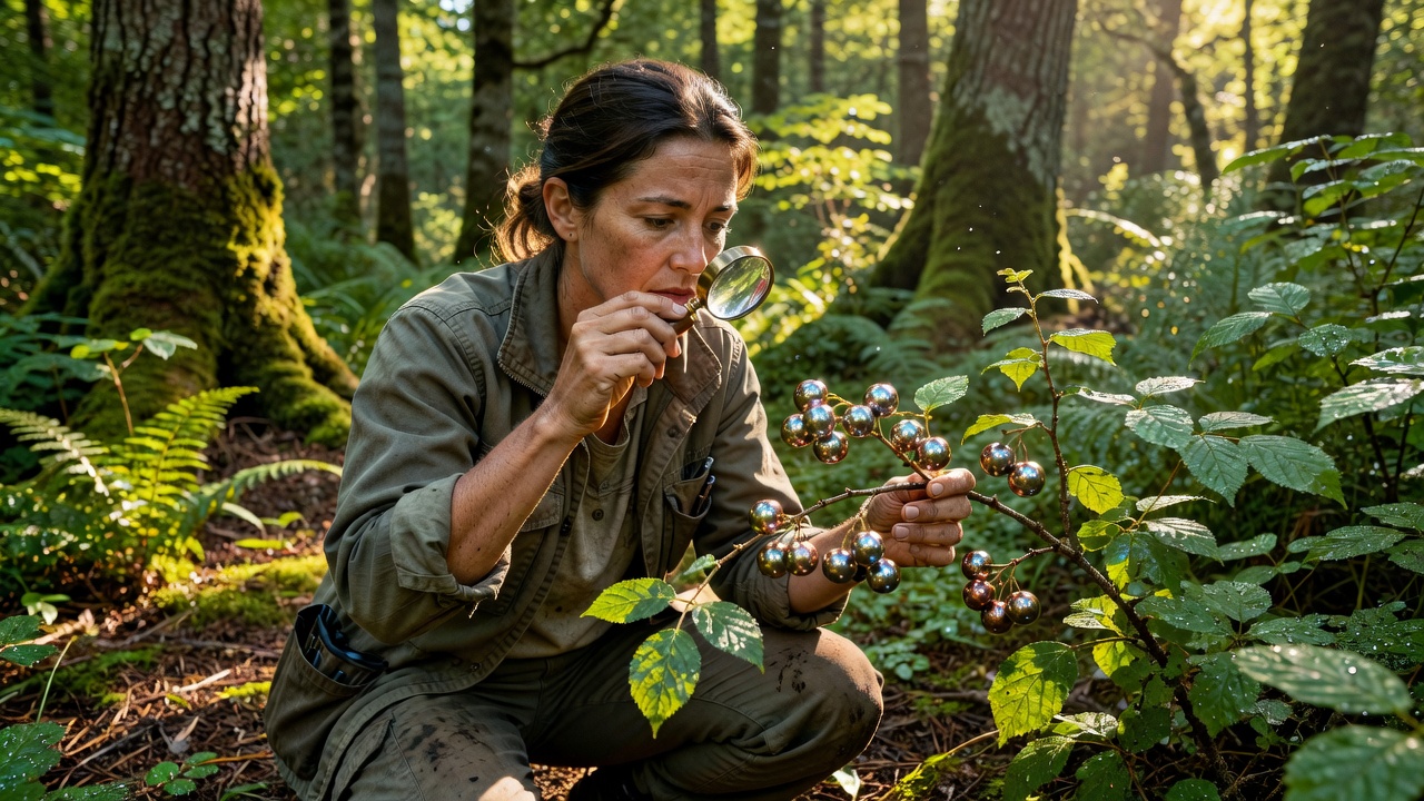 Field biologist holding a hand lens up to metallic berries in sunlit woodland foliage