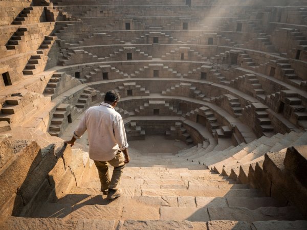 Visitor walking down geometric stone steps inside an ancient Indian stepwell in natural morning light
