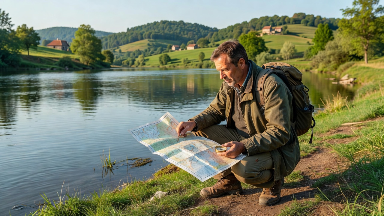 Traveler holding a compass and topographic map overlooking a calm European border river