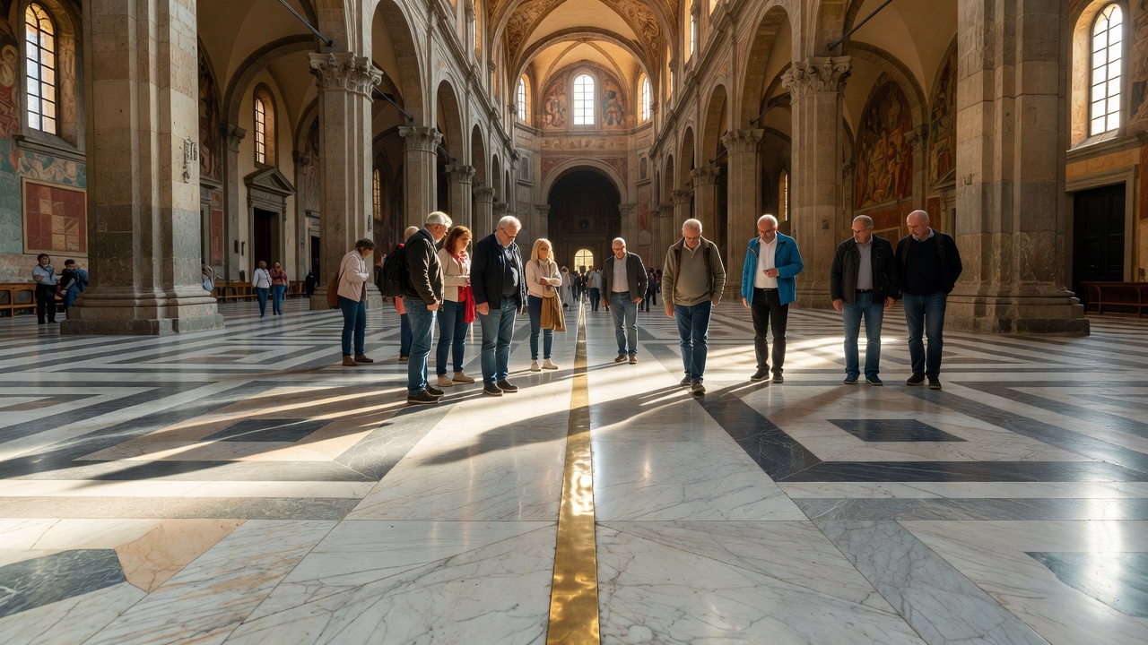 Visitors looking down at the brass meridian solar line inlaid in the marble floor of a sunlit Italian basilica