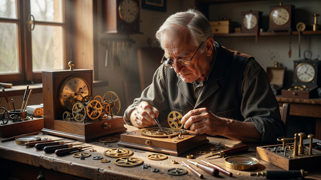 Horologist using a loupe to examine brass and wooden clockwork gears on a sunlit workbench